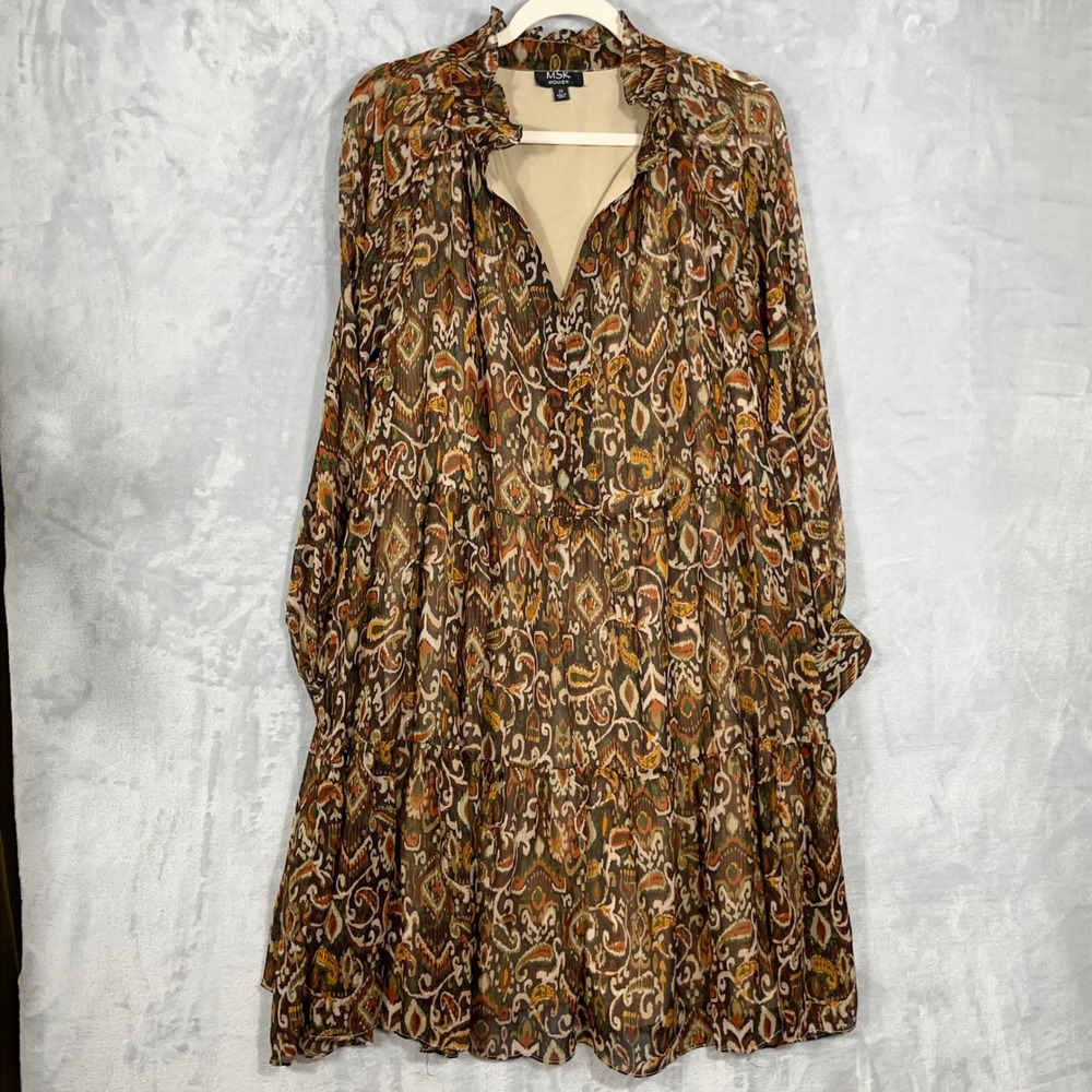 MSK Women Dress 2X Brown Paisley Ikat Lurex Shimmer Tiered Boho Peasant Ruffle